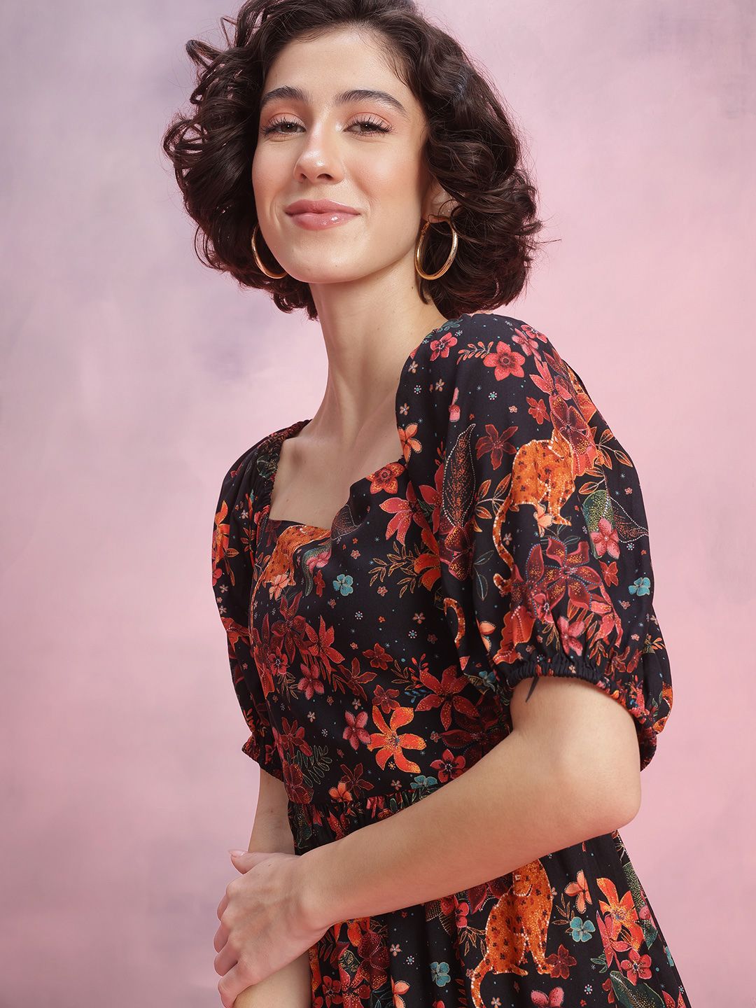 DressBerry Floral Printed Knot Detail Tiered A-Line Maxi Dress