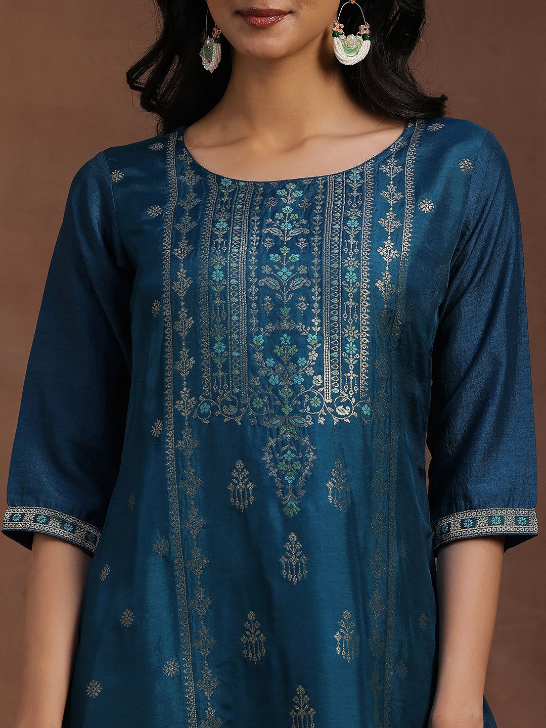 Libas Women Teal Blue & Gold Ethnic Motifs Zari Straight Kurta with Trousers Dupatta