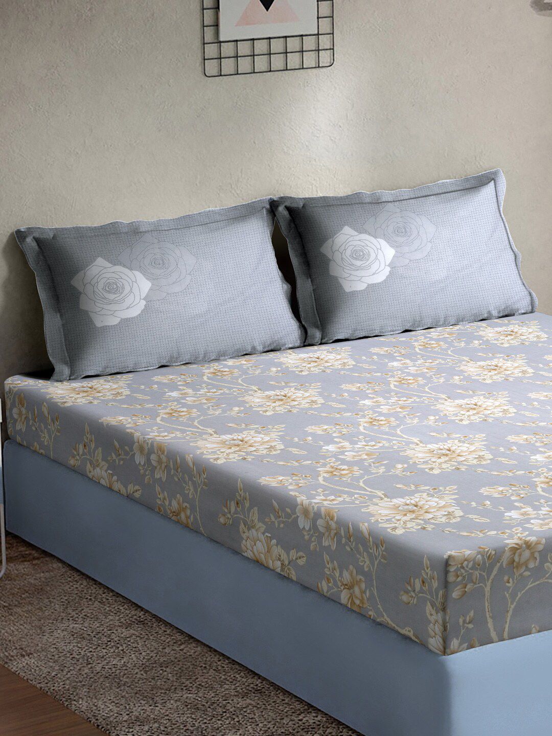 KLOTTHE Grey & Beige Floral 400TC Cotton Super King Bedsheet With 2 Pillow Covers