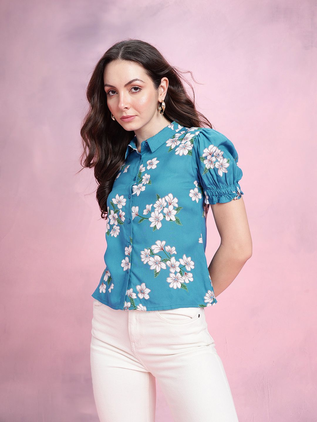 DressBerry Floral Print Puff Sleeves Shirt Style Top
