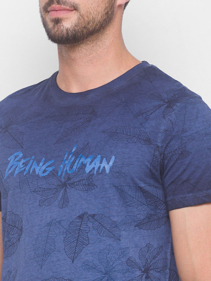 Being Human Men Navy Blue Typography Printed Pure Cotton T-shirt
