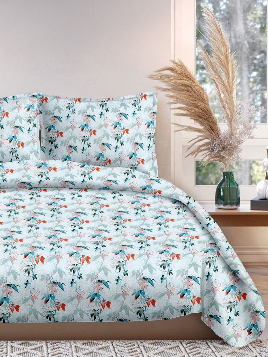 Cortina Glazed Cotton Blue Floral 140 TC King Bedsheet with 2 Pillow Covers