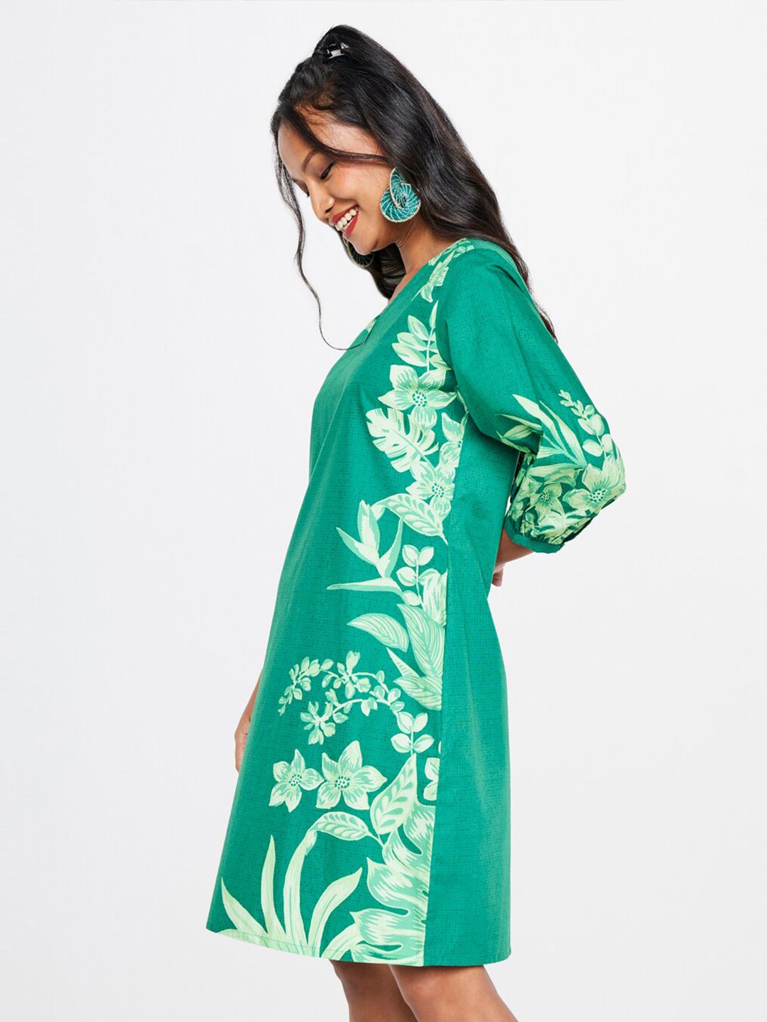 Global Desi Floral Printed Puff Sleeves Gathered Pure Cotton A-Line Dress