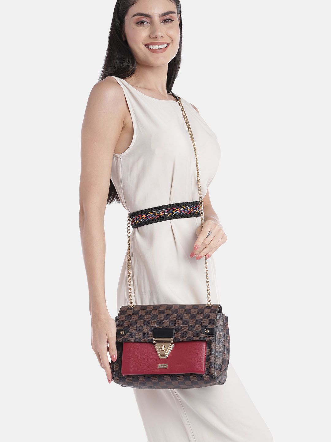 Berrylush Brown Checked Sling Bag