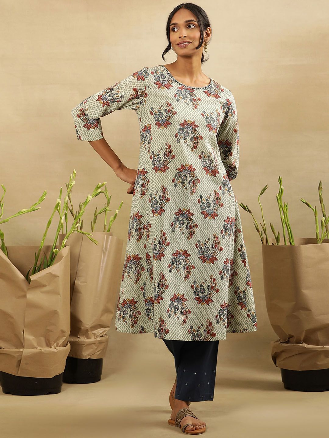 W Floral Printed Gotta Patti Cotton A-Line Kurta