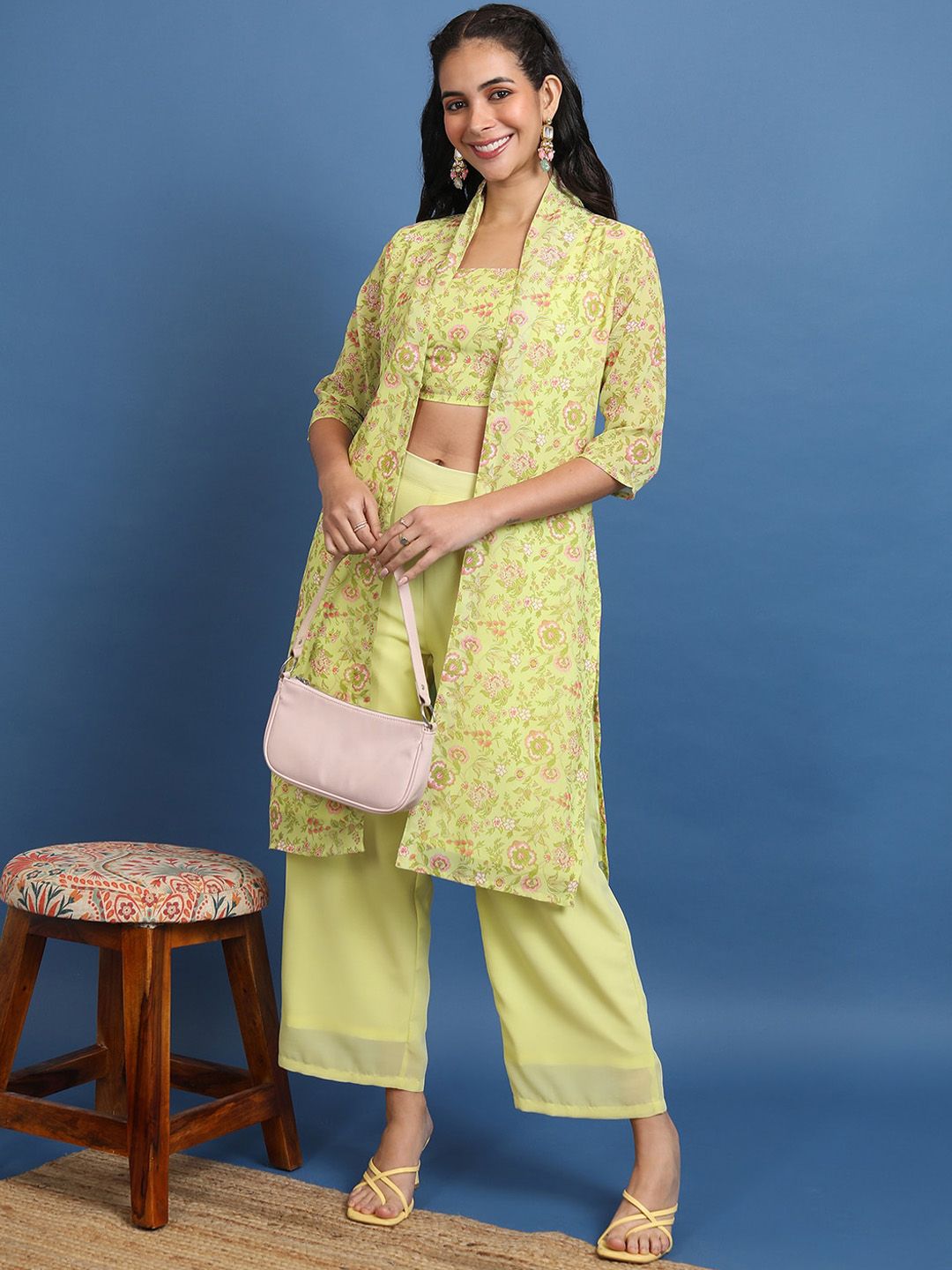Vishudh Lime Green Printed Crop Top & Jacket With Palazzos