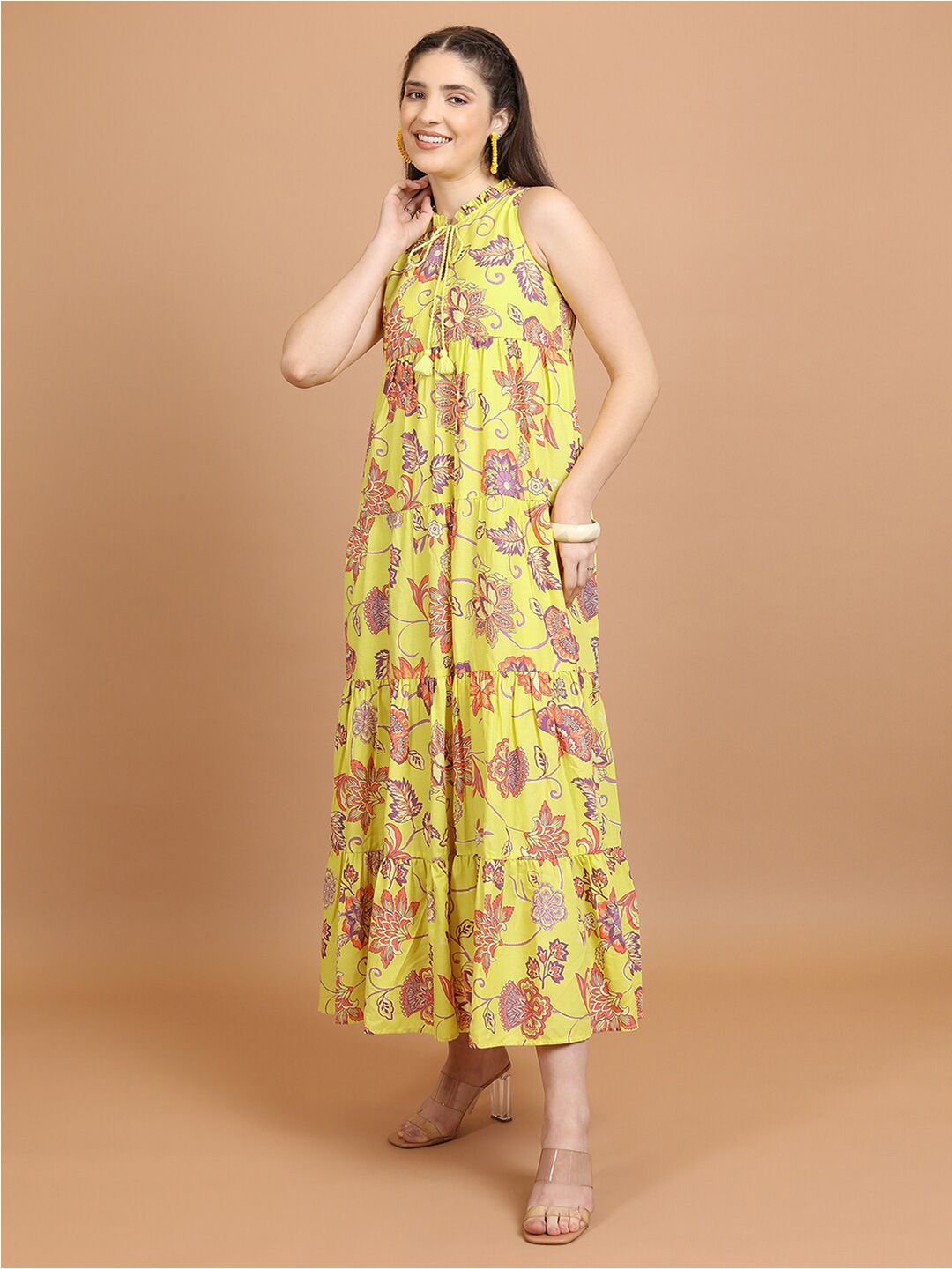 Vishudh Yellow Floral Printed Sleeveless Tie-Up Neck Tiered Maxi Dress