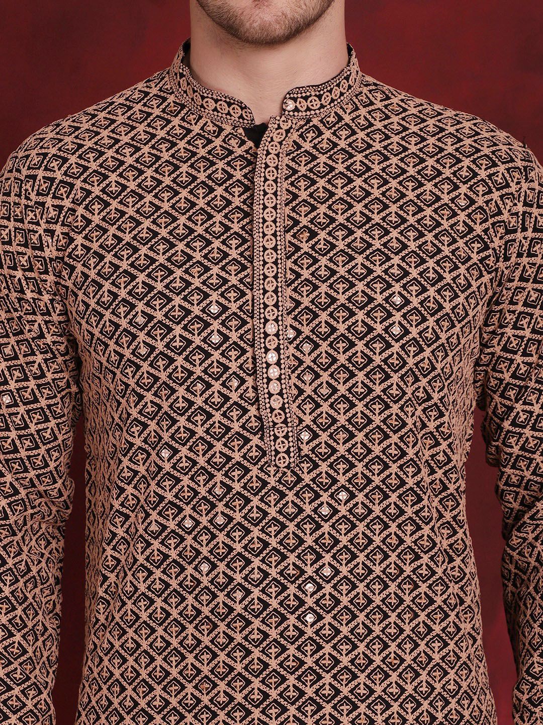 Jompers Geometric Self Design Thread Work Pure Cotton Kurta With Pyjamas