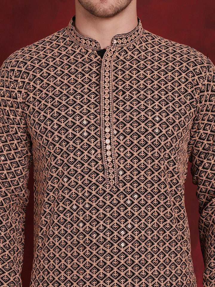 Jompers Geometric Self Design Thread Work Pure Cotton Kurta With Pyjamas