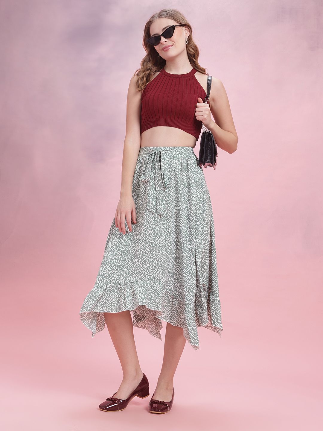DressBerry Ruffled Micro Ditsy Print Flared Midi Skirt with Belt