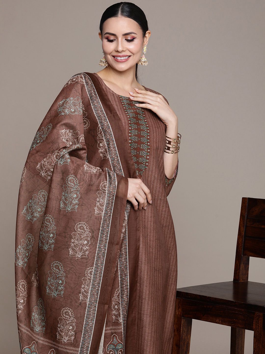 Anouk Women Brown Printed Regular Kurta with Trousers & With Dupatta