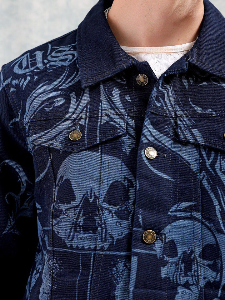 The Indian Garage Co Men Graphic Print Slim Fit Denim Jacket with Double Flap Pockets