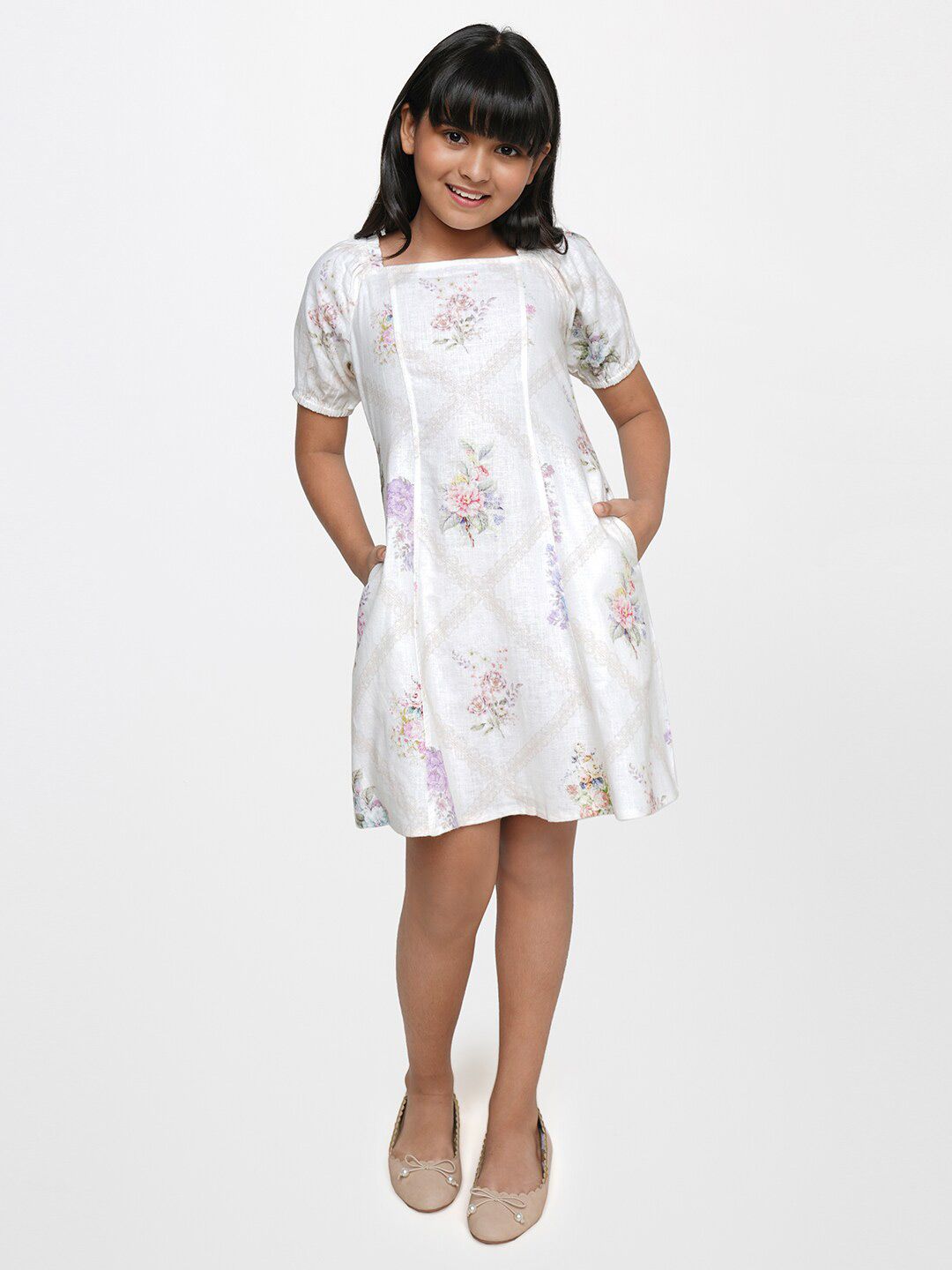 AND Girls White Floral Linen A-Line Dress