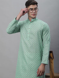 SOJANYA Lelaki Motif Etnik Hijau Laut Bercetak Kurta Biasa dengan Churidar
