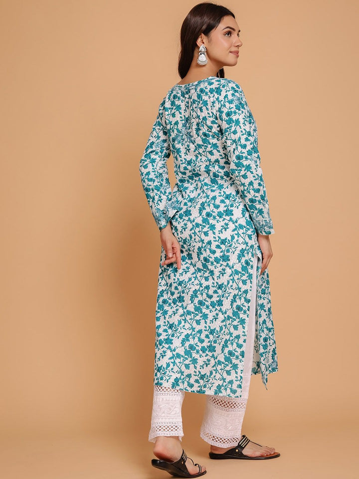 HOUSE OF KARI Floral Printed Chikankari Straight Kurta