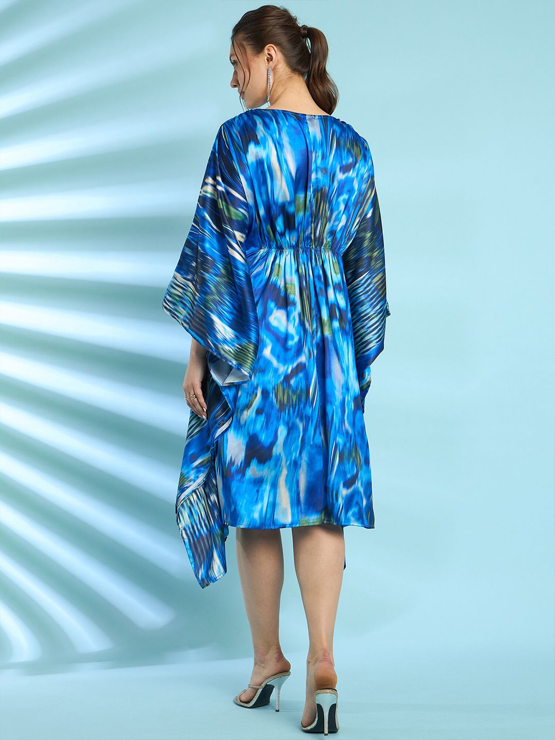 Antheaa Embellished Print Flared Sleeve Satin Kaftan Dress