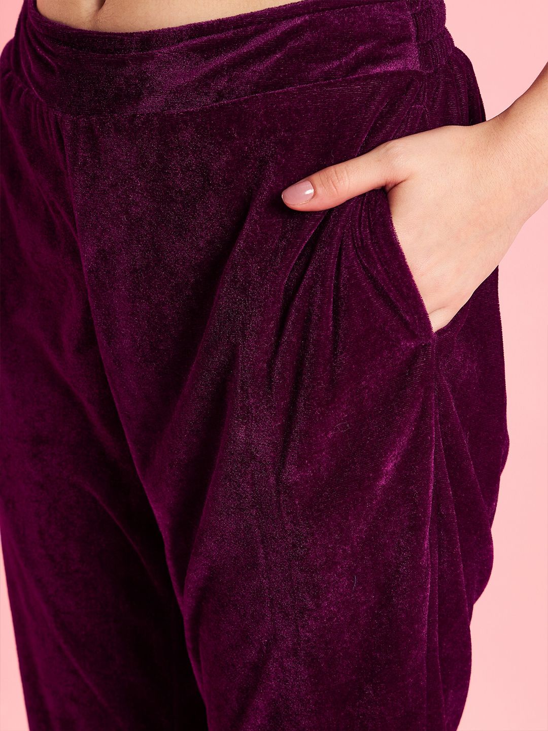 Antheaa Purple Embellished Lapel Collar Velvet Top With Trousers