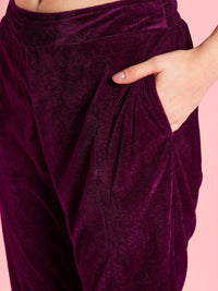 Antheaa Purple Embellished Lapel Collar Velvet Top With Trousers