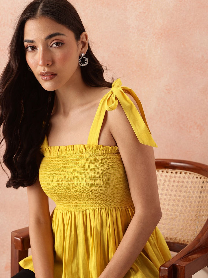 all about you Smocked Effect Tie-Up Detail Shoulder Straps Pure Cotton Peplum Top