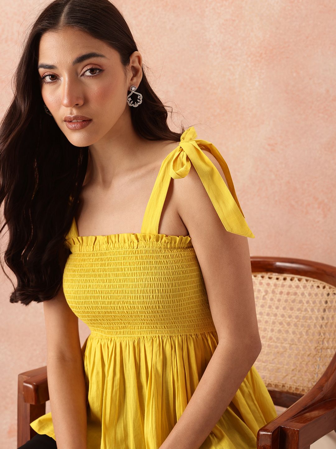 all about you Smocked Effect Tie-Up Detail Shoulder Straps Pure Cotton Peplum Top