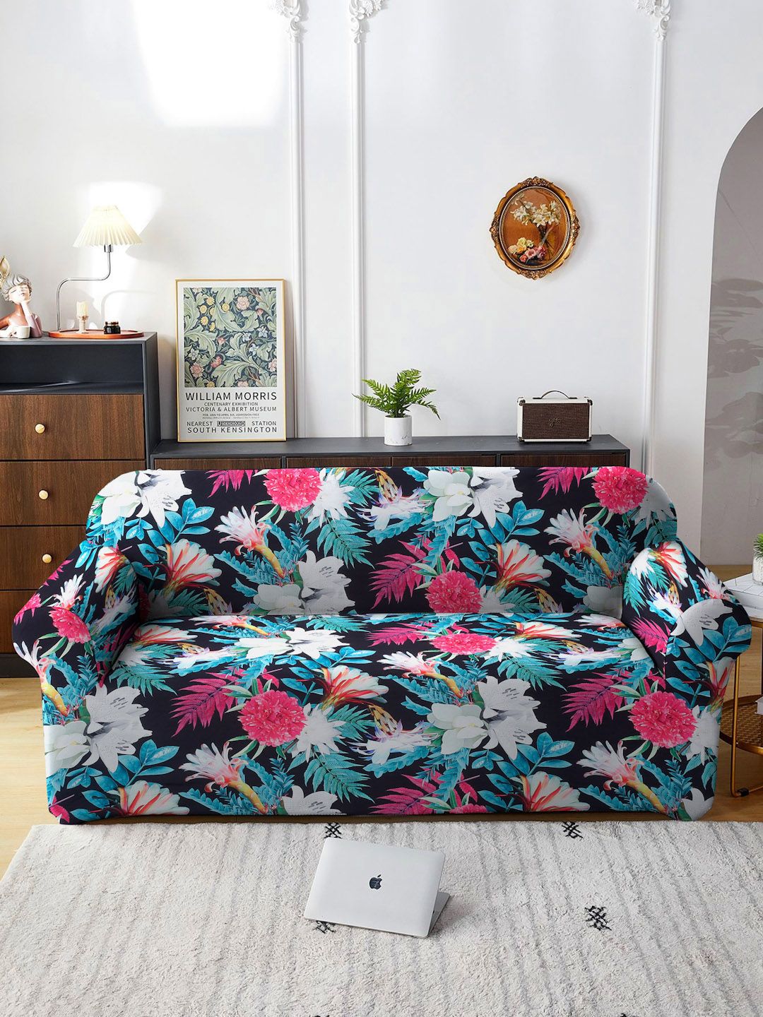 Cortina Teal Blue & Pink Floral Printed 3-Seater Sofa Cover