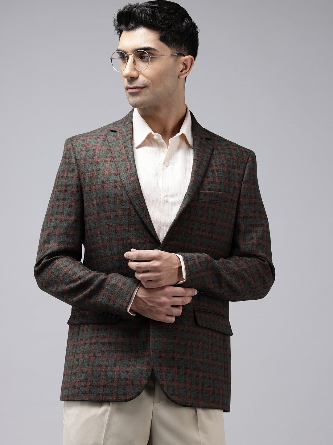 Park Avenue Checked Notched Lapel Collar Slim Fit Formal Blazer