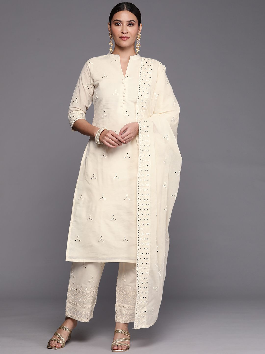 Libas Women Off White Embroidered Regular Mirror Work Pure Cotton Kurta with Trousers & With Dupatta