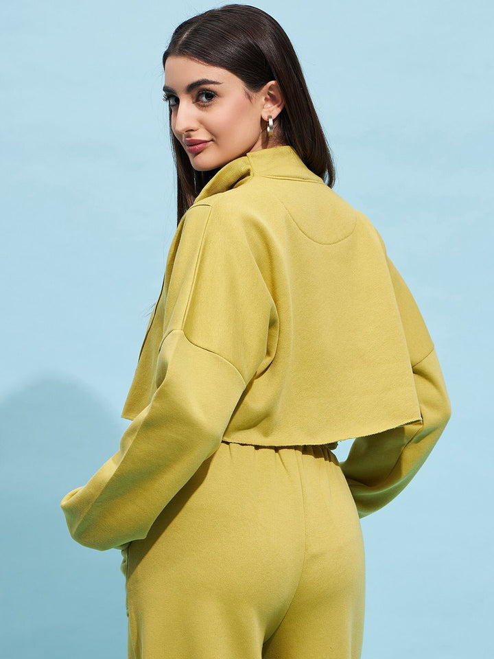 STREET 9 Lime Green Mock Collar Pure Cotton Crop Sweatshirt