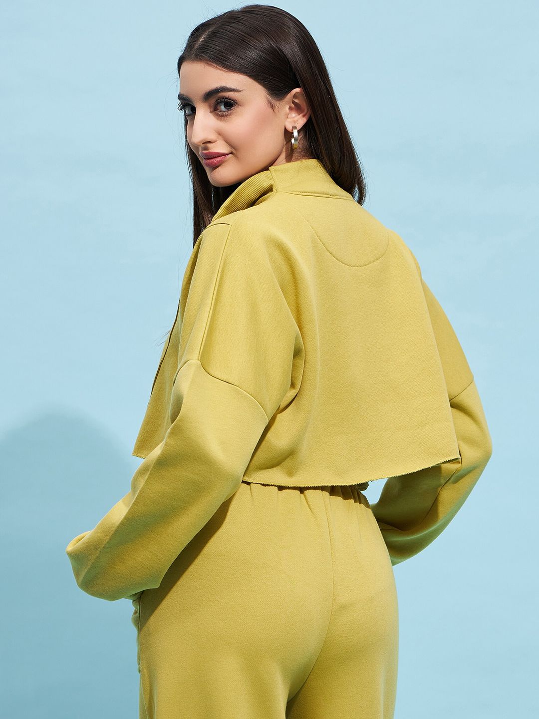 STREET 9 Lime Green Mock Collar Pure Cotton Crop Sweatshirt