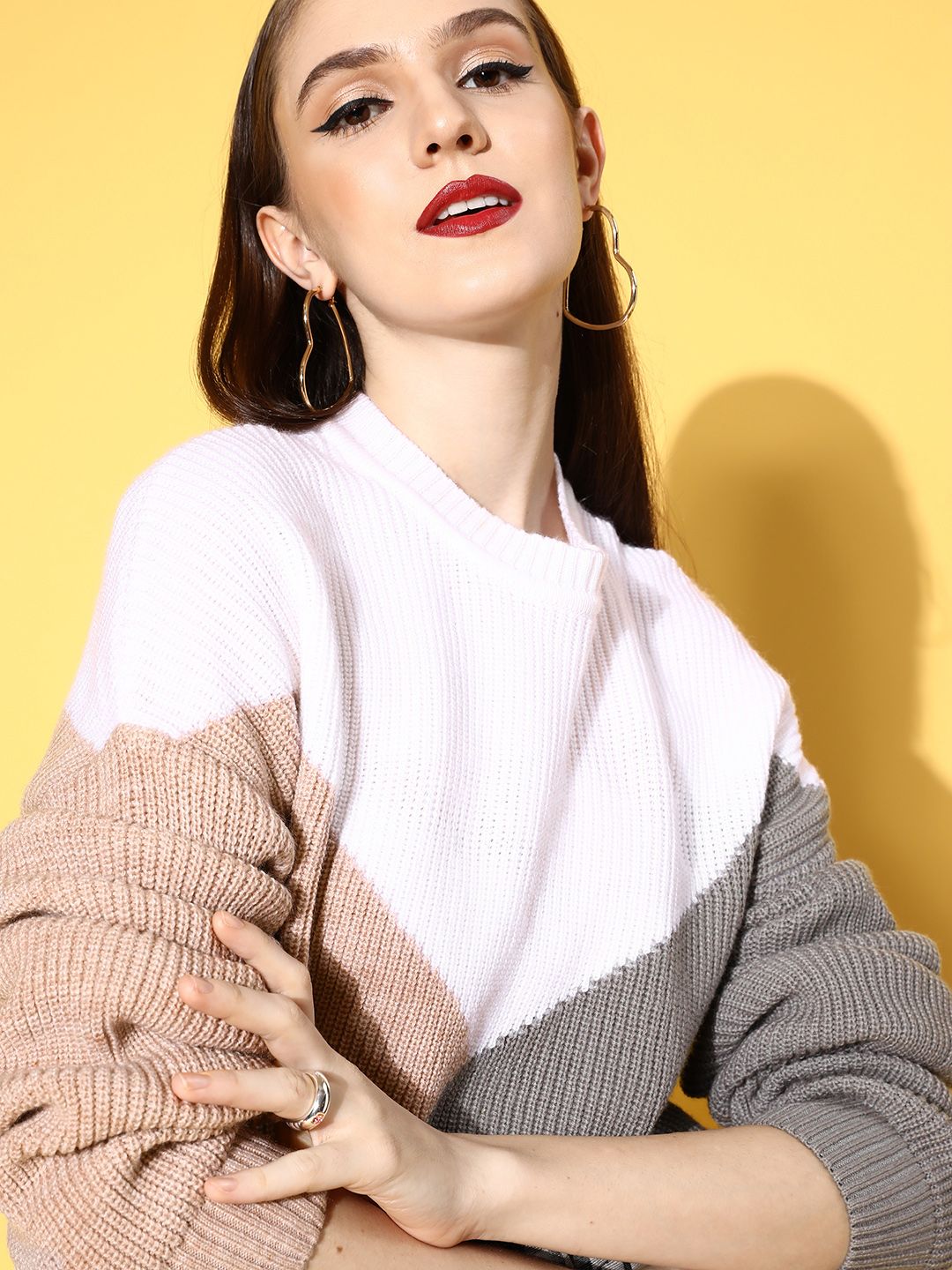 Berrylush Women White Colourblocked Block & Patch Sweater