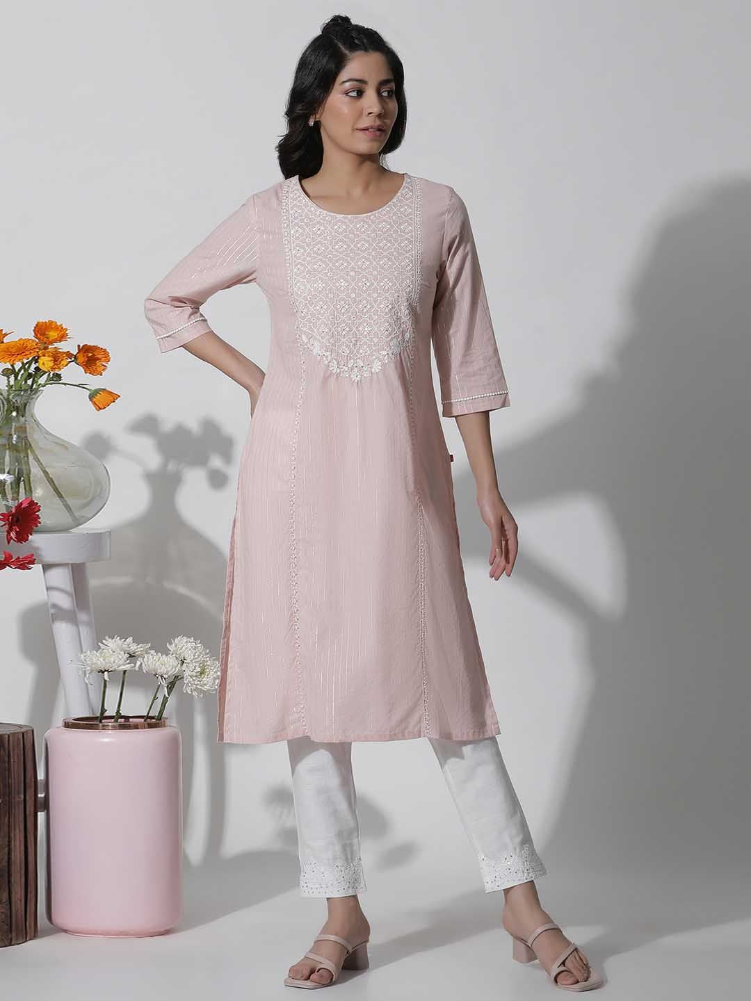 W Floral Yoke Design Thread Work Straight Kurta
