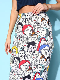 Berrylush Women White Graphic Print Knee Length Pencil Skirt