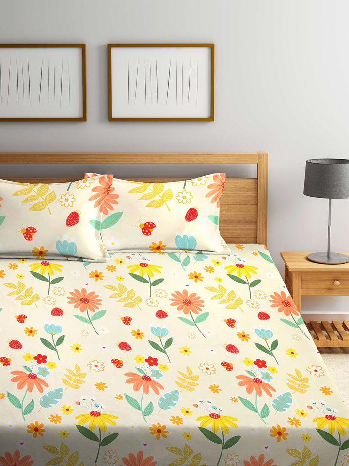 KLOTTHE White & Yellow Printed 300 TC Double King Fitted Bedsheet With 2 Pillow Covers