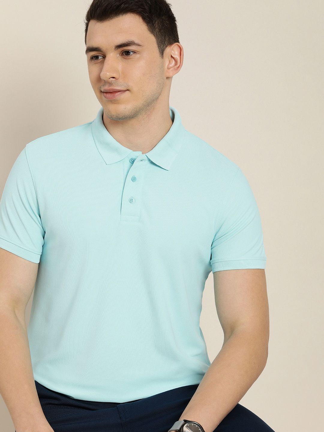 ether Men Blue Solid Moisture-Wicking Antimicrobial Polo