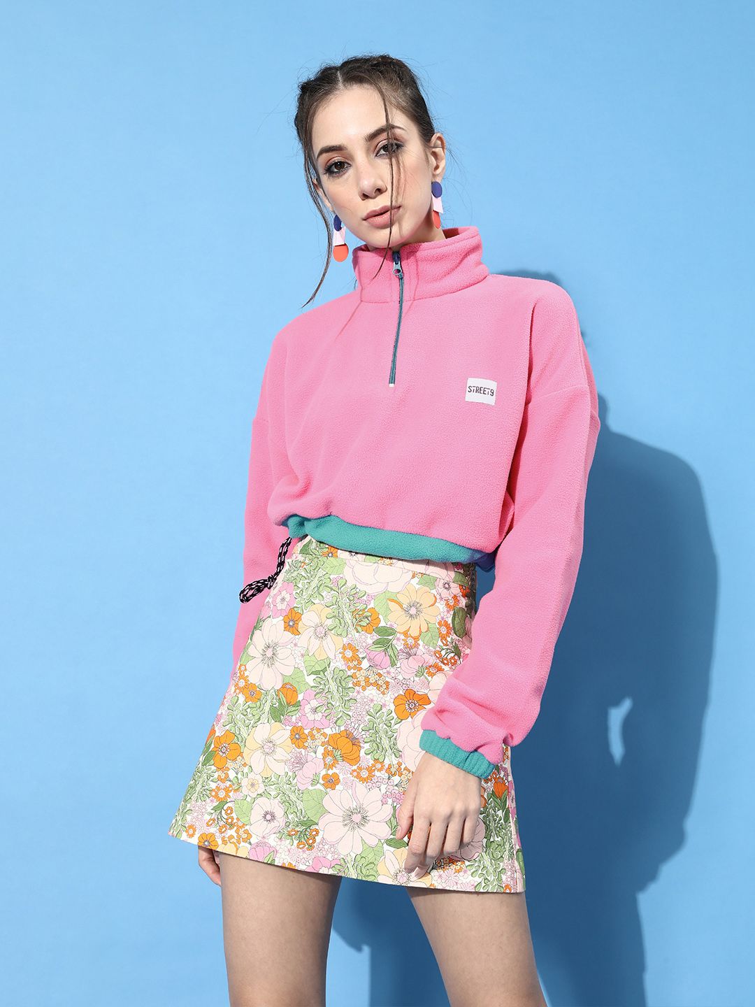 STREET 9 Women Pretty Pink Solid Cropped Sweatshirt