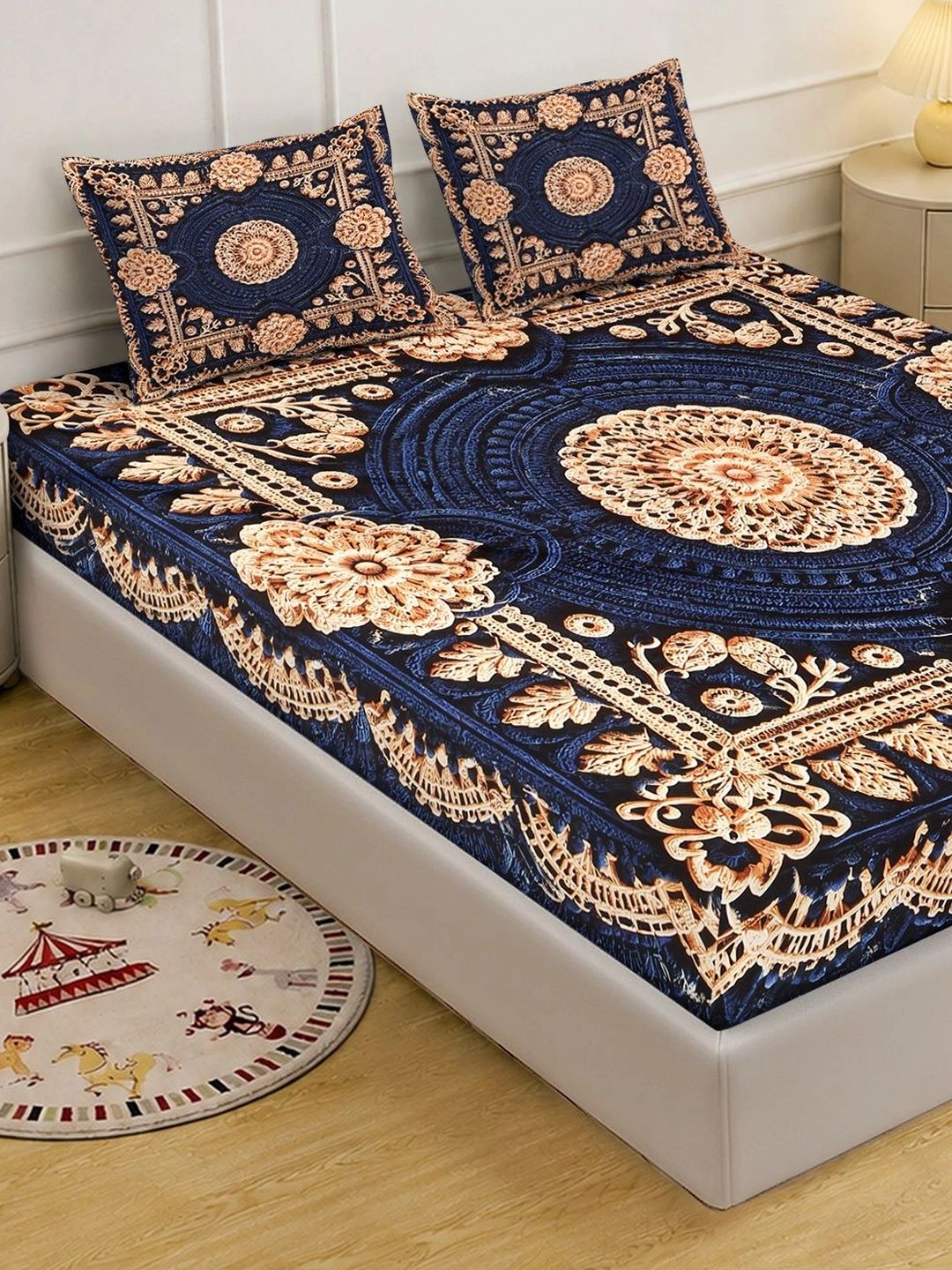 Myntra Elegant Homes Blue & Peach-Coloured Floral 400 TC King Cadar dengan 2 Sarung Bantal