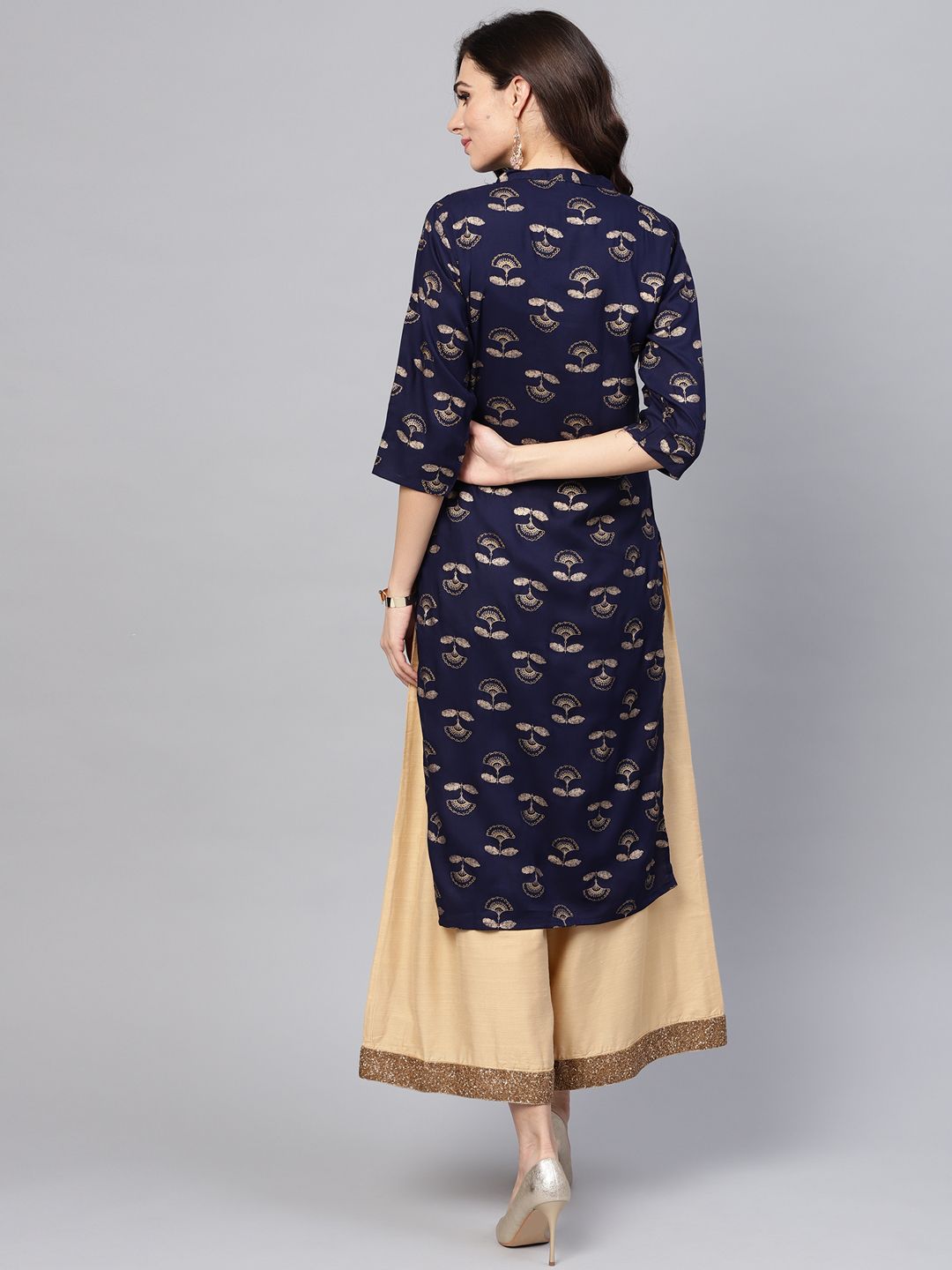 SOJANYA Kurta Lurus Bercetak Biru Laut & Emas Wanita