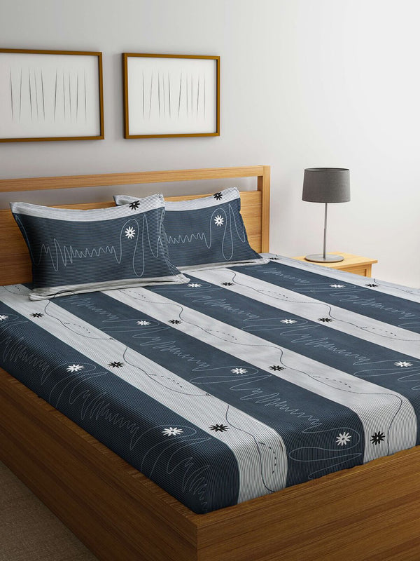KLOTTHE Blue 300 TC Striped Cotton Blend Double King Bed Sheet with 2 Pillow Covers