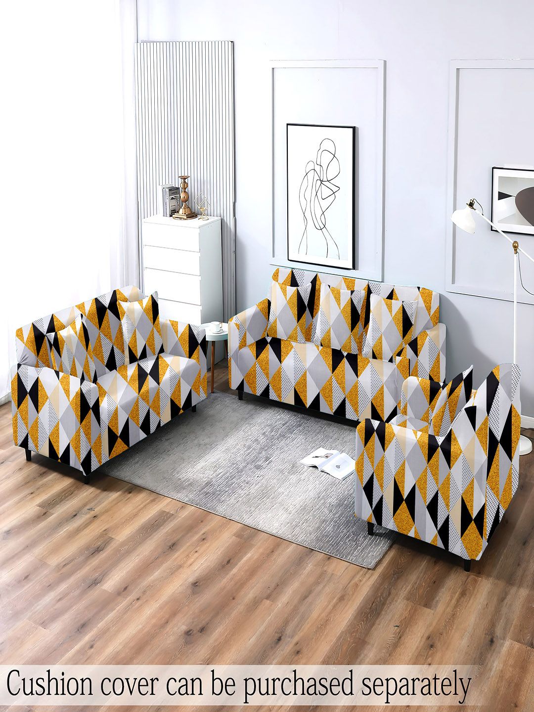 Cortina White & Yellow Printed 3-Seater Stretchable Non-Slip Sofa Slipcover