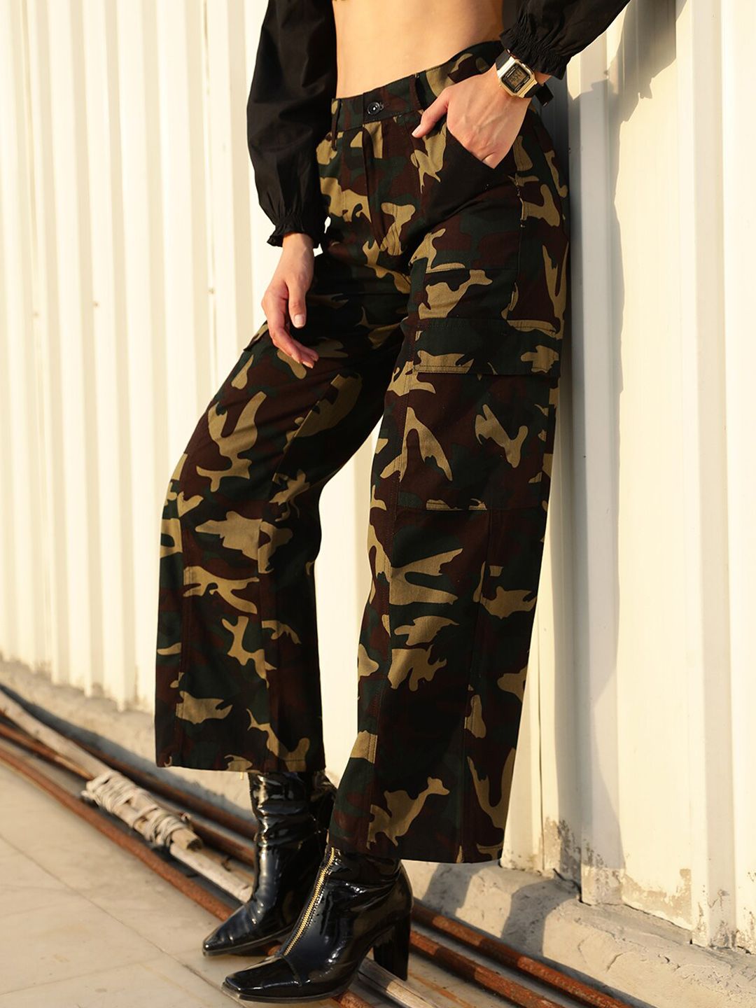 STREET 9 Women Olive Green Camouflage Printed Relaxed High-Rise Cotton Trousers