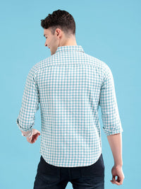 The Indian Garage Co Men White & Blue Slim Fit Checked Casual Shirt