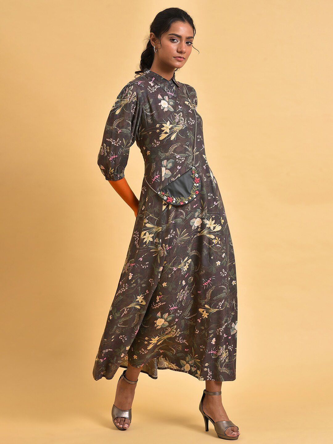 W Shirt Collar Floral Maxi Dress