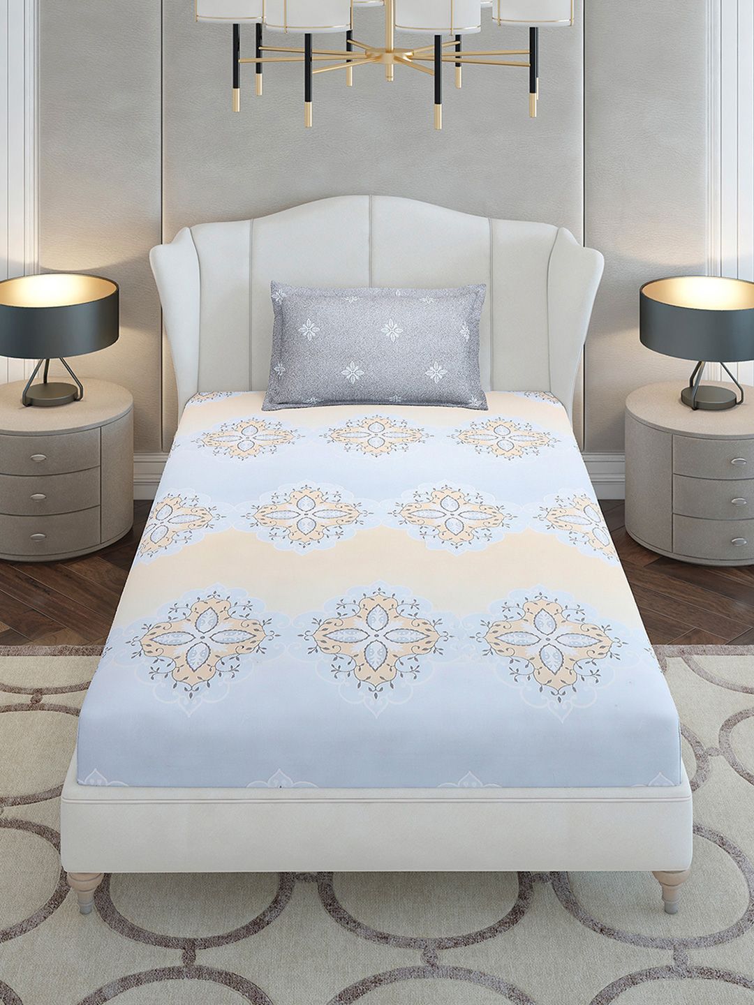 Monte Carlo Grey & Blue Ethnic Motifs Cotton 144 TC Single Bedsheet Set-2.29 m x 1.52 m