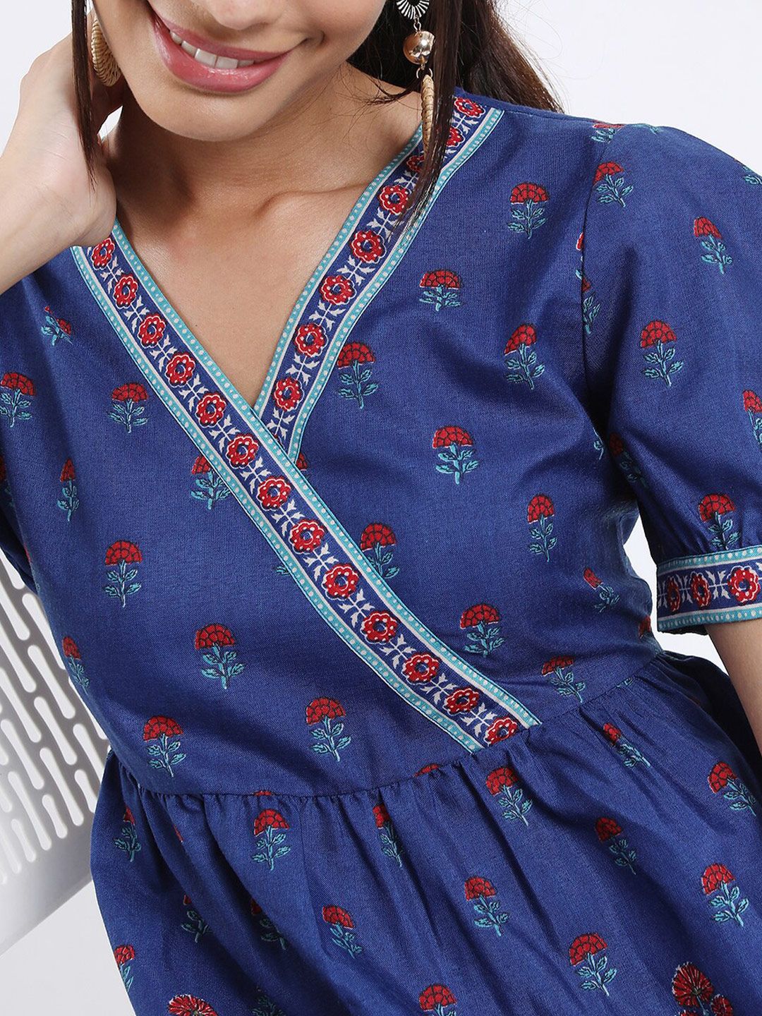 Vishudh Blue Ethnic Motifs Printed Midi Wrap Dress