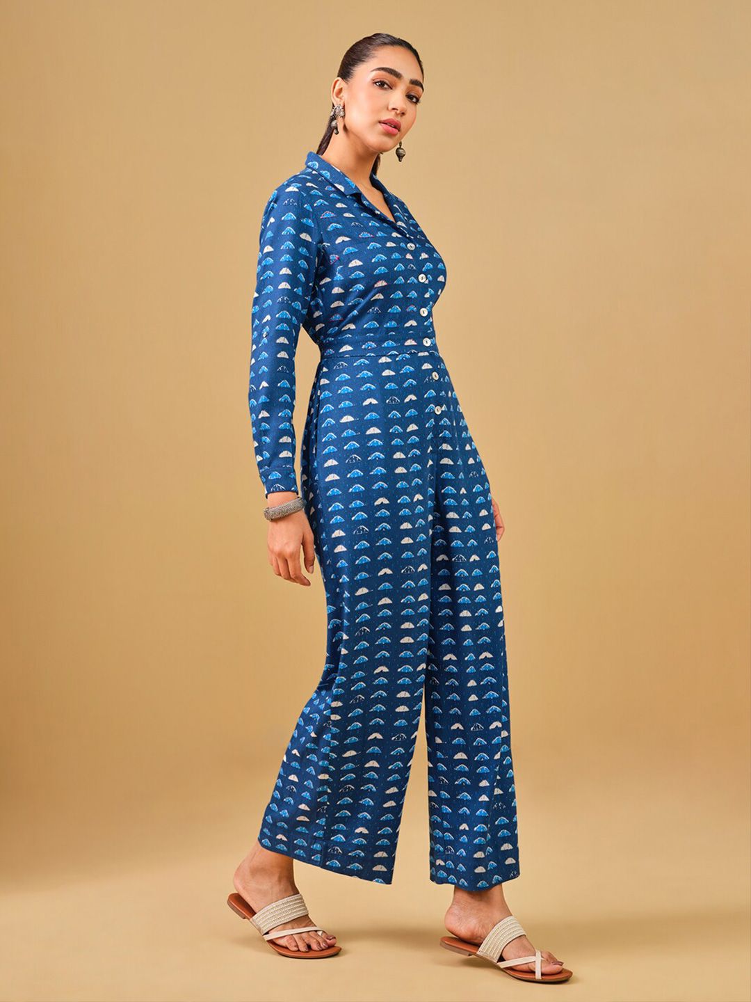 Global Desi Lapel Collar Printed Basic Jumpsuit