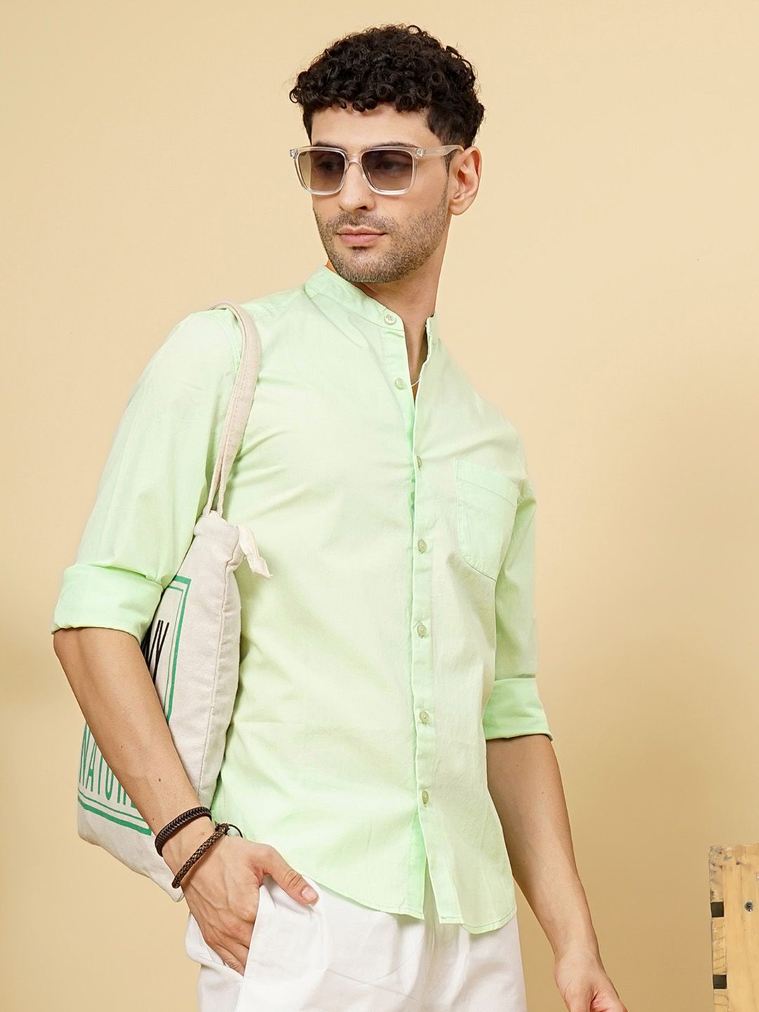 The Indian Garage Co Men Green Solid Casual Cotton Shirt