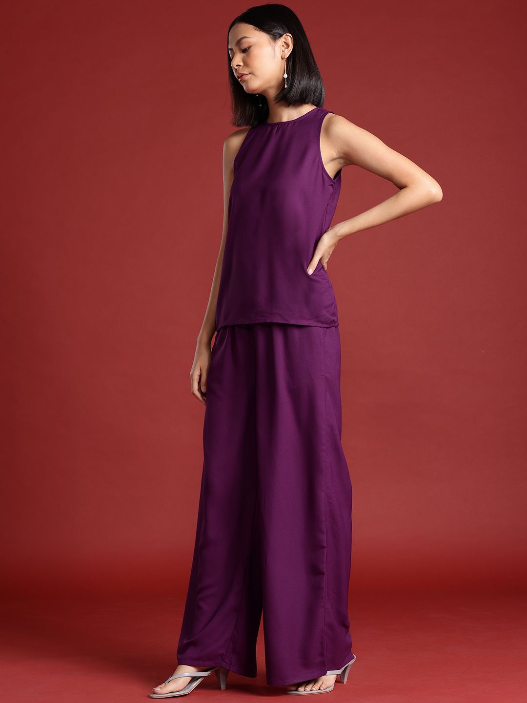 all about you Women Round Neck Flared Leg Co-Ords