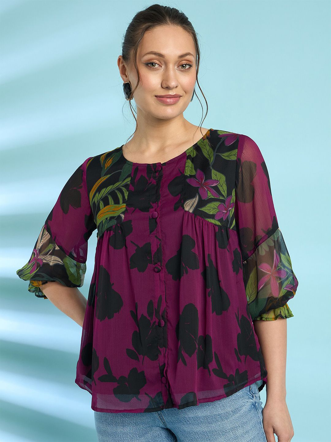 Antheaa Floral Printed Puff Sleeves A-Line Top with Pleated Detail