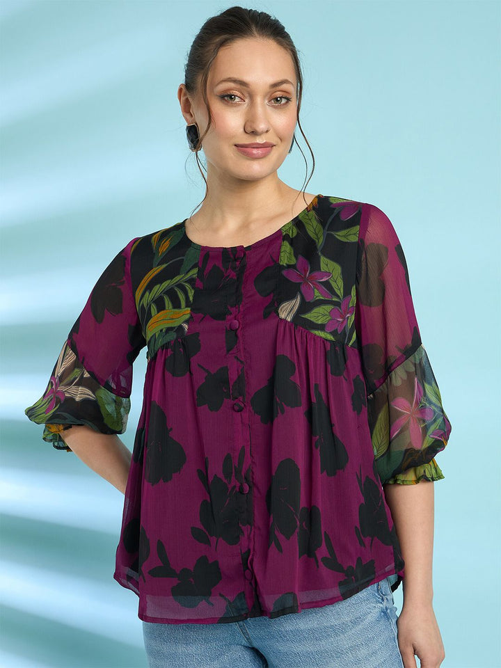 Antheaa Floral Printed Puff Sleeves A-Line Top with Pleated Detail