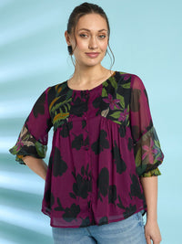 Antheaa Floral Printed Puff Sleeves A-Line Top with Pleated Detail